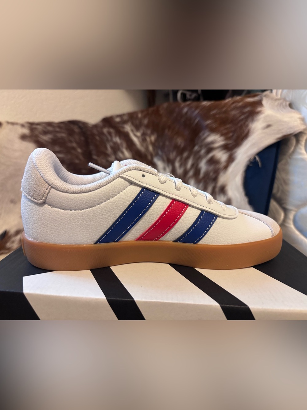 adidas VL Court 3.oWhite Low-Top Sneakers with Blue and Red Stripes and Gum Sole